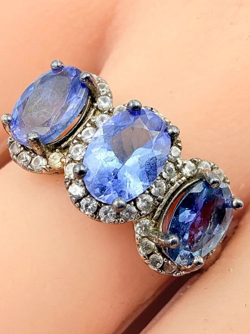 Classic Marked SD Three Stone Halo Amethyst Sterling Silver CZ Trilogy Ring Sz11